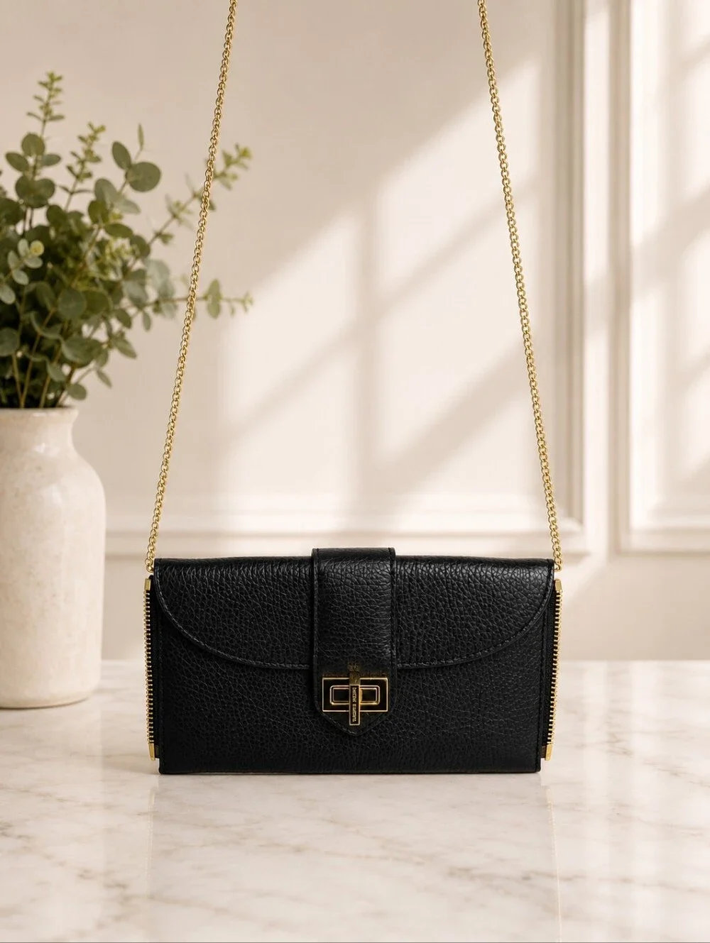Henri Bendel Black Pebbled Leather Wallet on Chain WOC Crossbody Clutch
